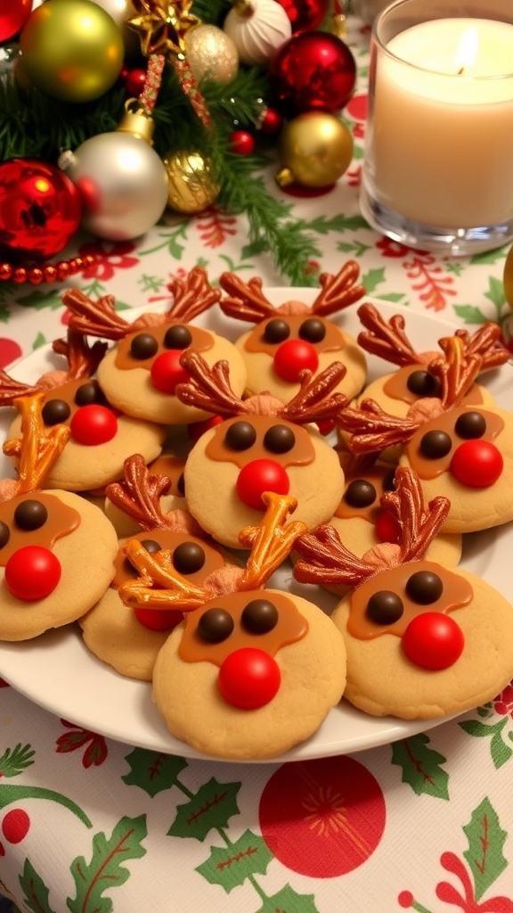 A festive plate of Rudolph cookies with chocolate eyes and pretzel antlers, set against a holiday backdrop.